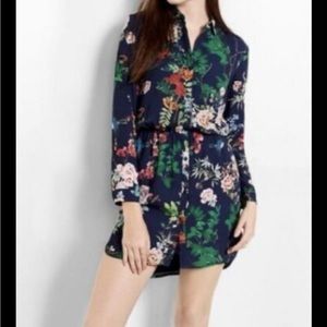Express Long Sleeve Shirt Dress Blue  Birds Tropical Women Size Medium